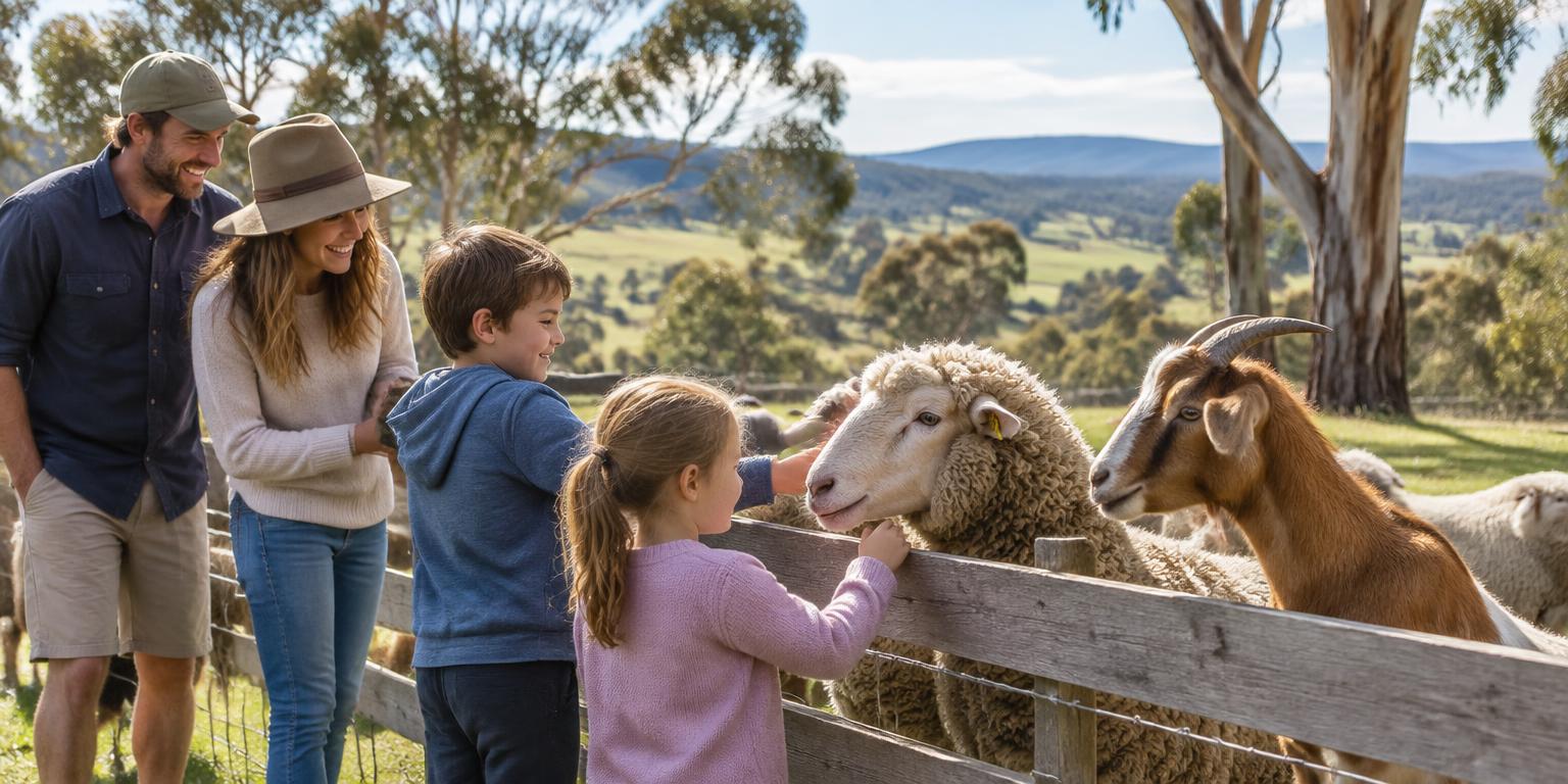 A family meeting farm animals in the regional Victorian countryside