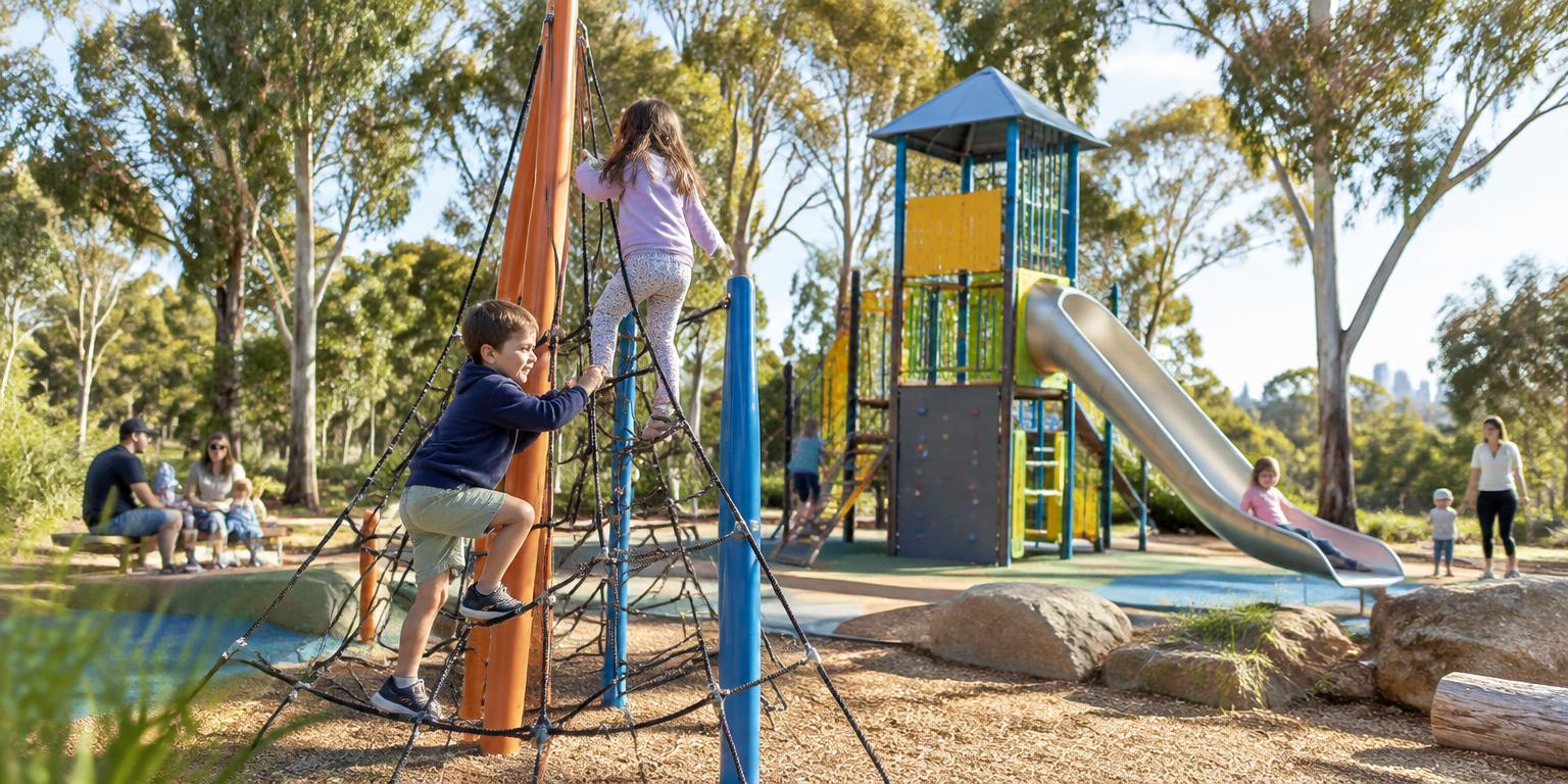 Children climbing and playing at a leafy playground