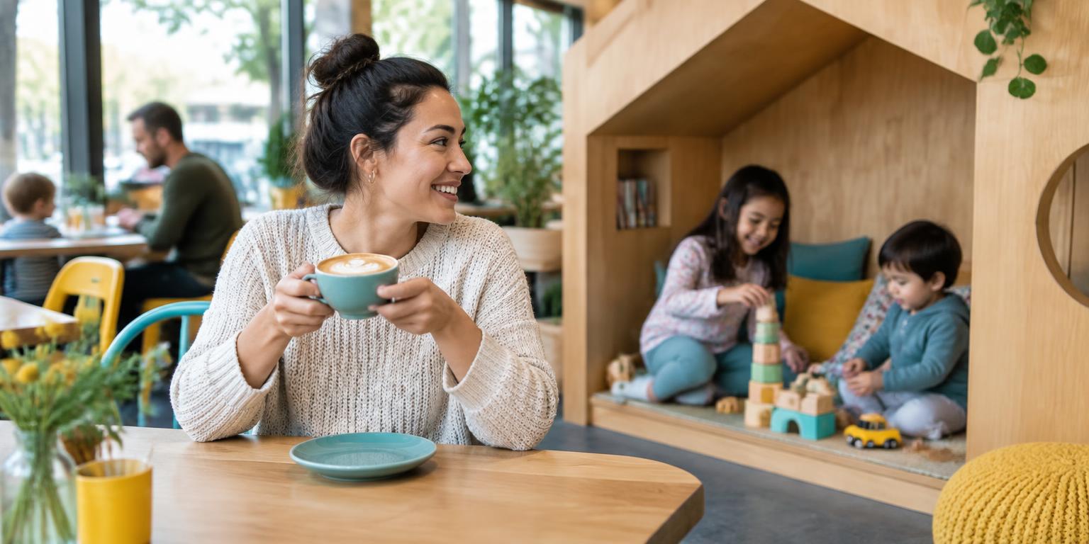 A parent enjoying coffee while children play in a family-friendly café