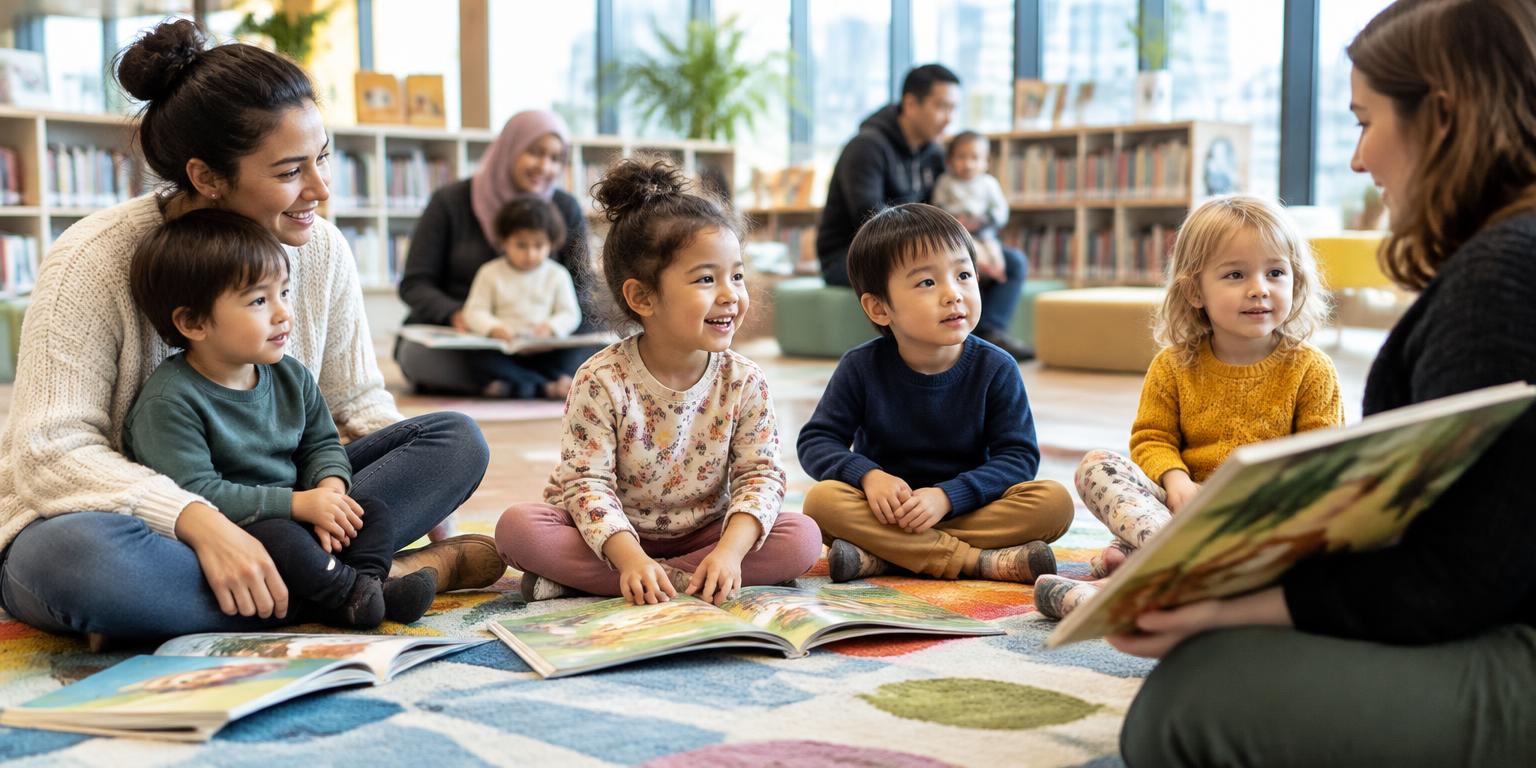 Young children enjoying storytime together in a public library