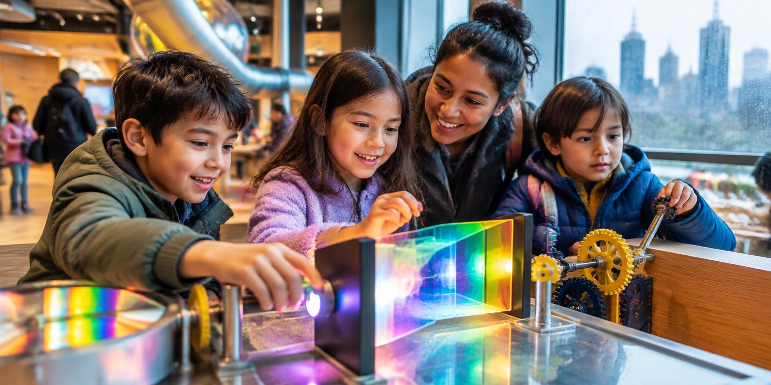 Children exploring a colourful hands-on science exhibit indoors